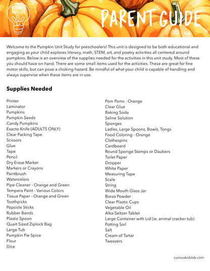 Pumpkin Preschool Curriculum - Instant Download