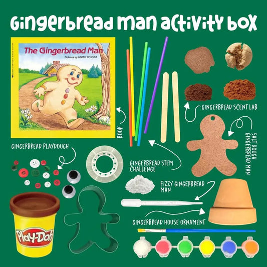 Gingerbread man activity box with various items including scent lab, salt dough, playdought and more on a green background