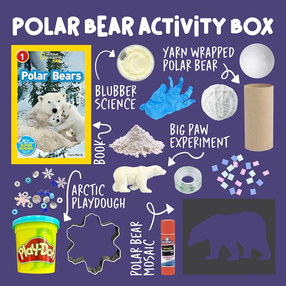 Polar Bear Activity Box with various educational activites including blubber science, playdought, mosaic, and more on a purple background