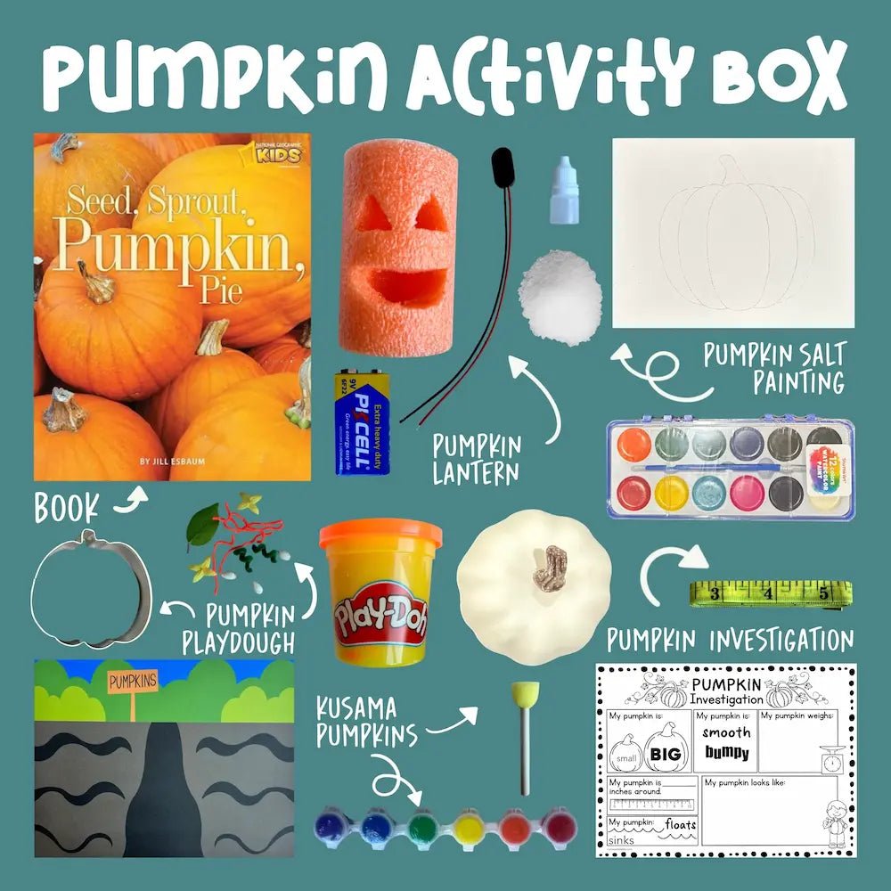 Pumpkin activity box with various items including pumpkin salt painting, pumpkin lantern, playdought and more on a teal background