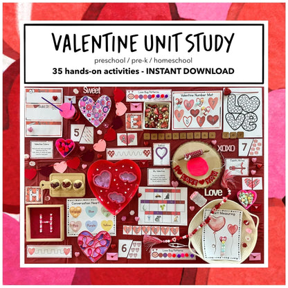 Valentine's Day Unit Study with various activities and materials on a red background