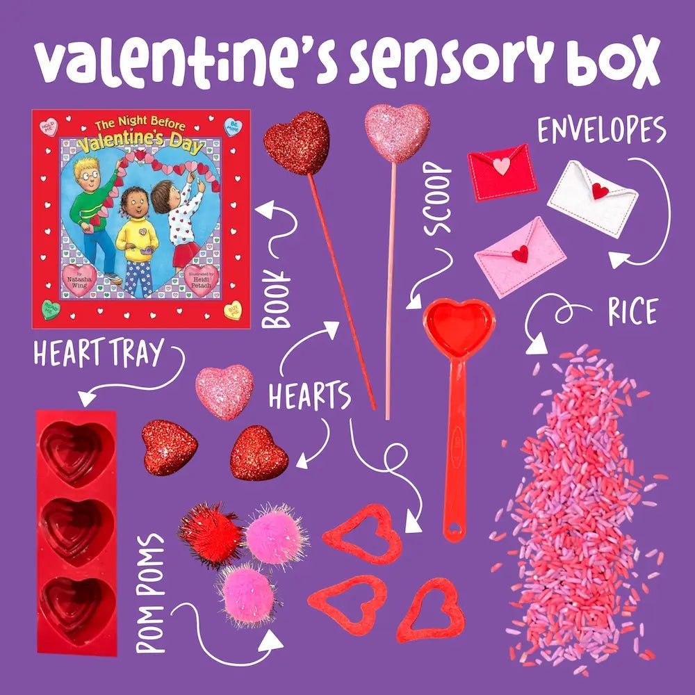 Valentine's sensory box with book, heart tray, and various sensory items on a purple background